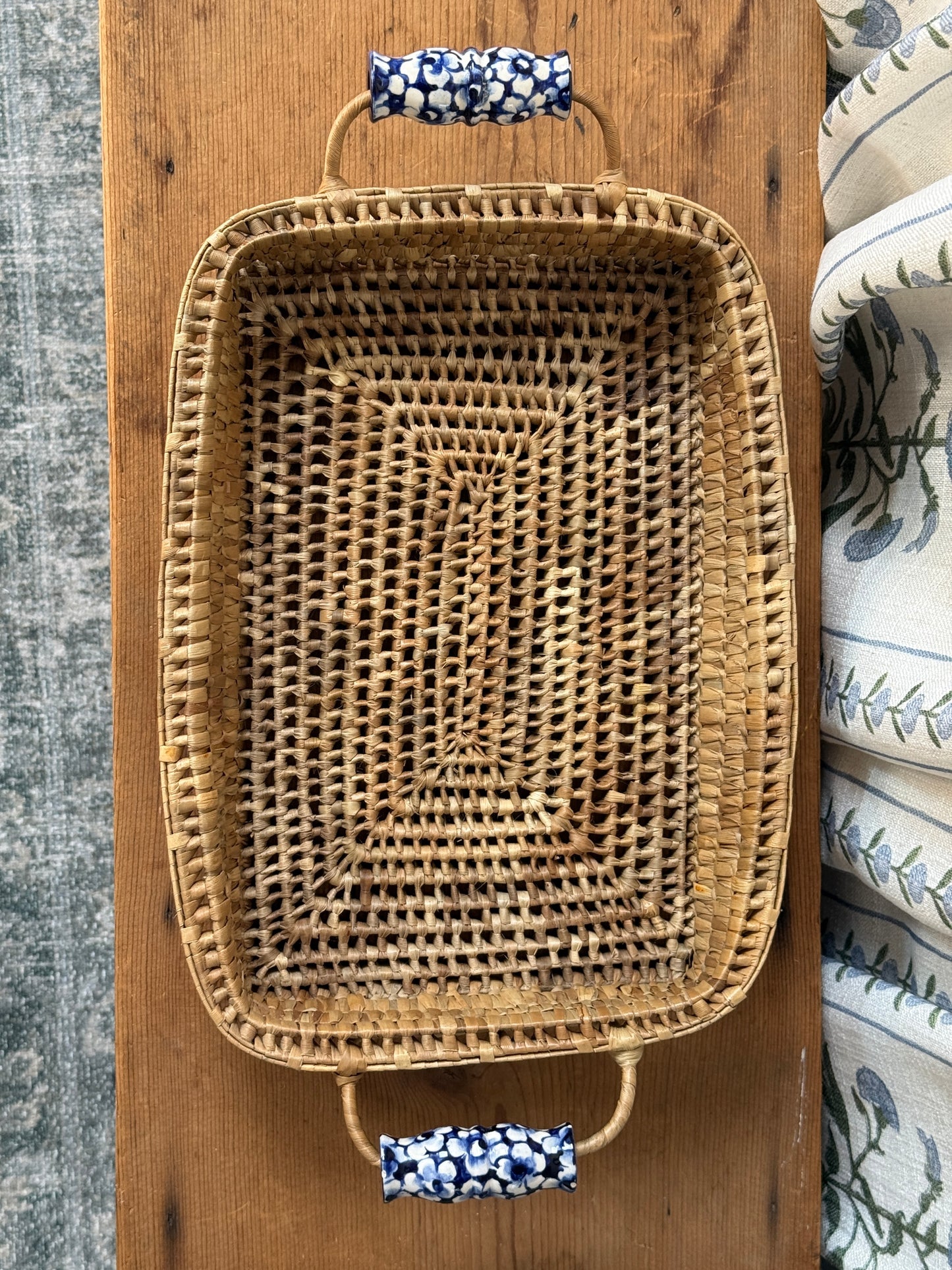 Rectangle Woven Tray with Blue Handles