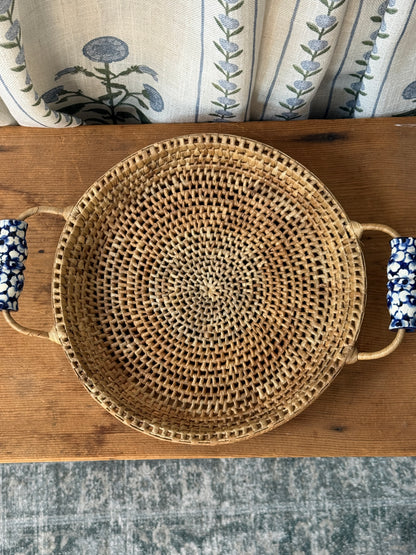 Round Woven Tray with Blue Handles