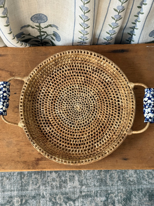 Round Woven Tray with Blue Handles