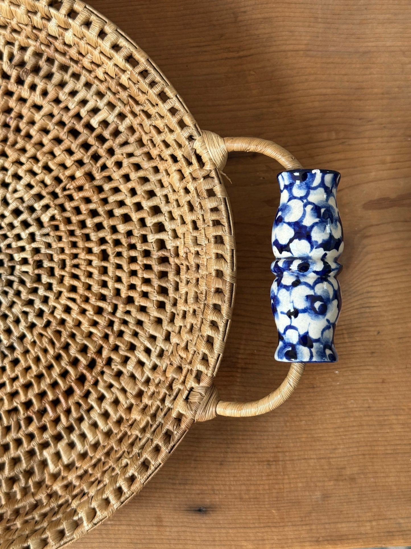 Round Woven Tray with Blue Handles