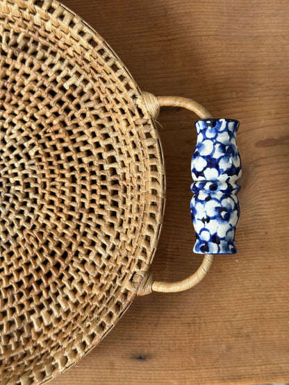 Round Woven Tray with Blue Handles